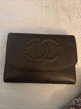 CHANEL Black Caviar Leather Flap Wallet with CC Embossing